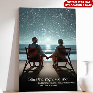 Romantic Beach Landscape Old Couple - Personalized Couple Star Map Poster