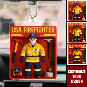 Personalized USA Firefighter Acrylic Car Ornament - Custom Figure For Firefighters