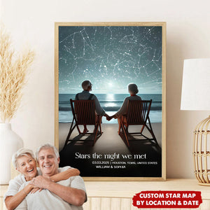 Romantic Beach Landscape Old Couple - Personalized Couple Star Map Poster