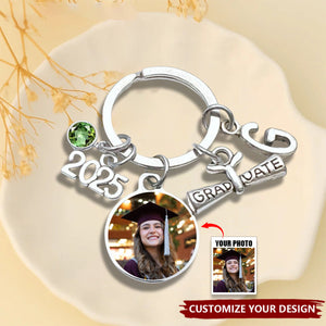 Initial Birthstone 2025 Graduation Custom Photo Keyring