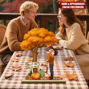 Fall Season Couple Hugging Kissing Under Tree Personalized Standing Wooden Plaque