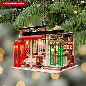 Personalized Coffee Shop Christmas Light Flat Ornament, Christmas Coffee Ornaments, Coffee Lover Xmas Gifts Caffein Ornament, Christmas Gift