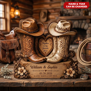 Personalized Cowboy Boots Wooden Block, Custom Couple Names, Rustic Western Decor, Anniversary Keepsake