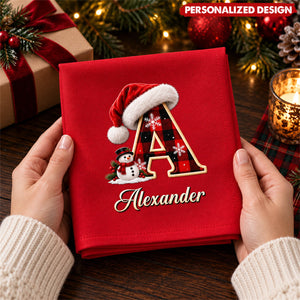 Personalized Christmas Monogram Letter Red Napkin - Custom Name Snowman Santa Hat Holiday Table Decor