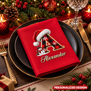 Personalized Christmas Monogram Letter Red Napkin - Custom Name Snowman Santa Hat Holiday Table Decor