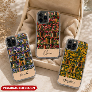Personalized Floral Bookshelf Phone Case - Custom Name Book Lover Phone Cover