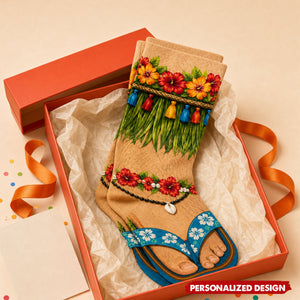 Hawaiian Grass Skirt Flip Flop Socks - Tropical Hibiscus Funny Beach Novelty Crew Socks