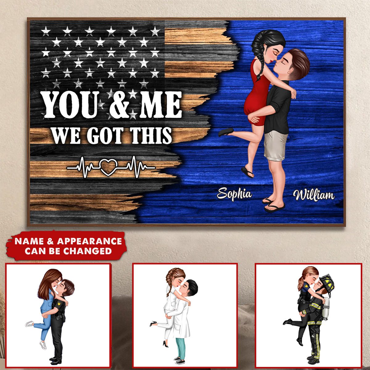 Hero Couple Half Flag Gifts by Occupation Gift For Her Gift For Him Firefighter, Nurse, Police Officer Personalized Horizontal Poster