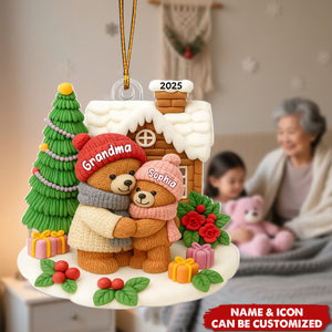 Grandma Bear Hugging Grandkids - Personalized Christmas Acrylic Ornament