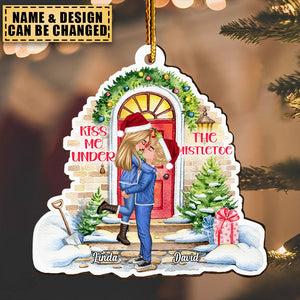 Kiss Me Under The Mistletoe - Gift For Couples - Personalized Wood Shaped Ornament