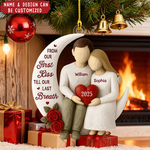 Roses Wooden Texture Couple On Moon - Personalized Acrylic Ornament - Christmas Gift For Couple