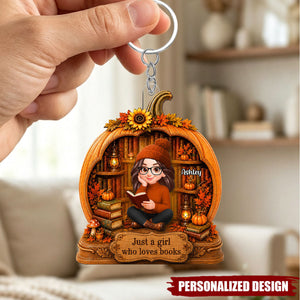 Personalized Who Loves Books Fall Pumpkin Acrylic Keychain - Custom Name Book Lover Autumn Key Ring
