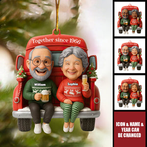 Old Couple Sitting on Christmas Truck - Personalized Acrylic Ornament