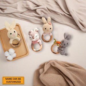 Personalized Toy Rattle - Animal Crochet Baby Teether Bites Wood