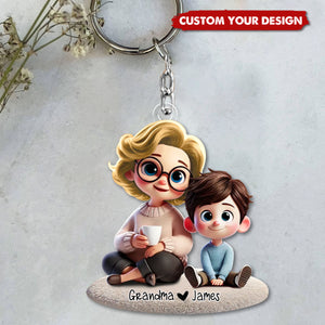 Happy Grandma & Grandkid Sitting Personalized Acrylic Keychain, Perfect 2025 Mother's Day Gift For Mom, For Grandma