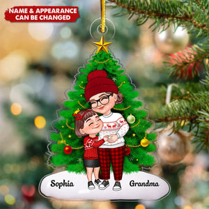 Cartoon Grandma & Grandkid Hugging By Christmas Tree Personalized Acrylic Ornament