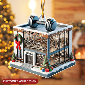 Gym With Dumbbell and Festive Decor - Personalized Acrylic Ornament, Gift For Fitness Center