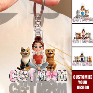 Cartoon Cat Mom Sitting - Personalized Acrylic Keychain, Gift For Cat Moms