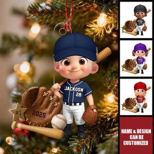 Baseball Player With Baseball Mitt Bat Ball - Personalized Acrylic Ornament, Gift For Kids, Grandkids