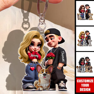 Y2K Style Couple And Dogs - Personalized Acrylic Keychain, Valentine's Day Gift For Him, For Her