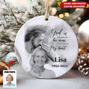 Personalized Memorial God Has You In His Arms Circle Ceramic Ornament