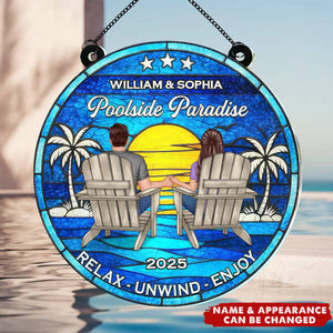 Poolside Paradise Couple Sitting Personalized Window Ornament