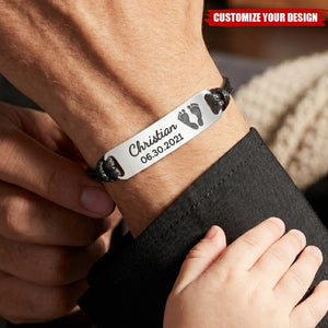 Baby Footprints Leather Bracelet - Personalized Bracelet for Dad, Husband Fathers Day Gift