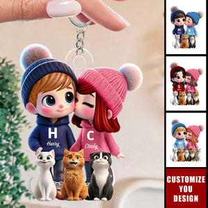 Cute Cartoon Couple You Me And Cute Cartoon Cat Personalized Acrylic Keychain