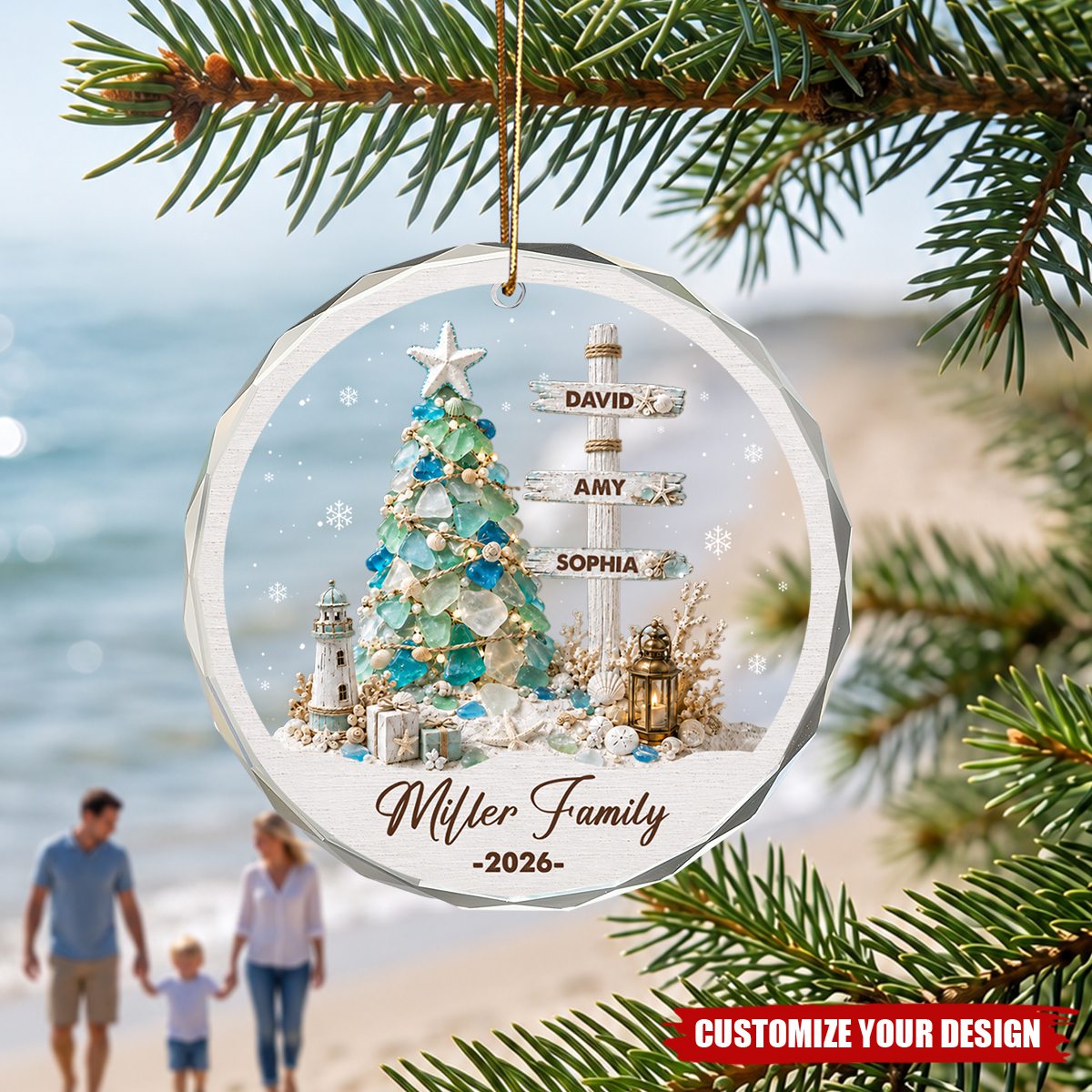 Personalized Coastal Family Christmas Ornament, Custom Names Beach Tree Keepsake