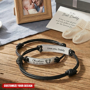 Baby Footprints Leather Bracelet - Personalized Bracelet for Dad, Husband Fathers Day Gift