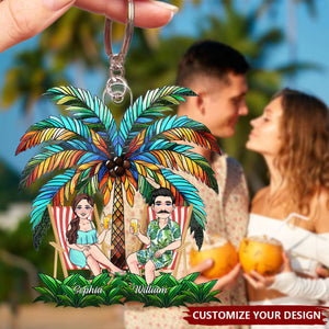 Under The Palm Tree Happy Couple - Personalized Couple Keychain