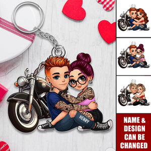 Biker Cartoon Effect Couple Personalized Acrylic Keychain, Gift for Motorcycle Lovers