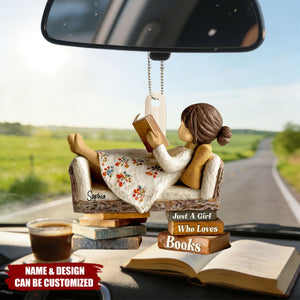 Man Woman Reading Book On Sofa - Personalized Wooden Car Ornament, Gift For Book Lover, Bookworm