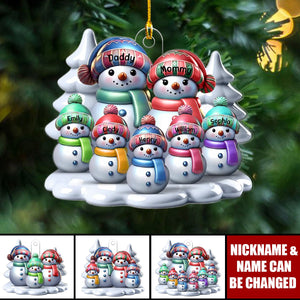 Winter Snowmen Happy Family Dad Mom Grandpa Grandma With Kids Personalized Acrylic Ornament