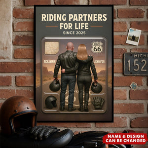 Custom Figure Couple Bikers Riding Partners For Life - Personalized Poster, Gift For Bikers