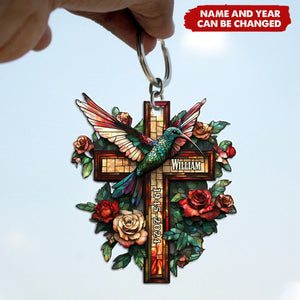 Roses And Hummingbird Stained Glass – Personalized Hummingbird Keychain