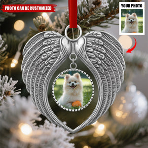 Custom Photo Forever Loved, Never Forgotten - Personalized Pet Memorial Metal Angel Wings Ornament
