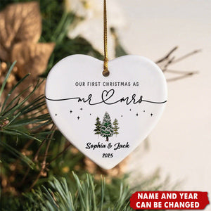 Mr Mrs Ceramic Heart Ornament - Personalized First Christmas Keepsake
