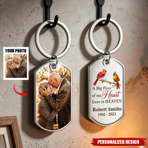 Personalized Memorial Photo Keychain - A Big Piece Of My Heart Lives In Heaven Cardinal Remembrance Keychain