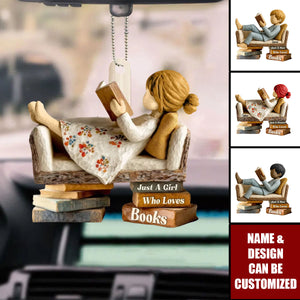 Man Woman Reading Book On Sofa - Personalized Wooden Car Ornament, Gift For Book Lover, Bookworm