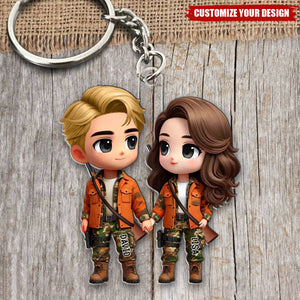 Cute Cartoon Couple Hunting Personalized Acrylic Keychain, Gift for Couple