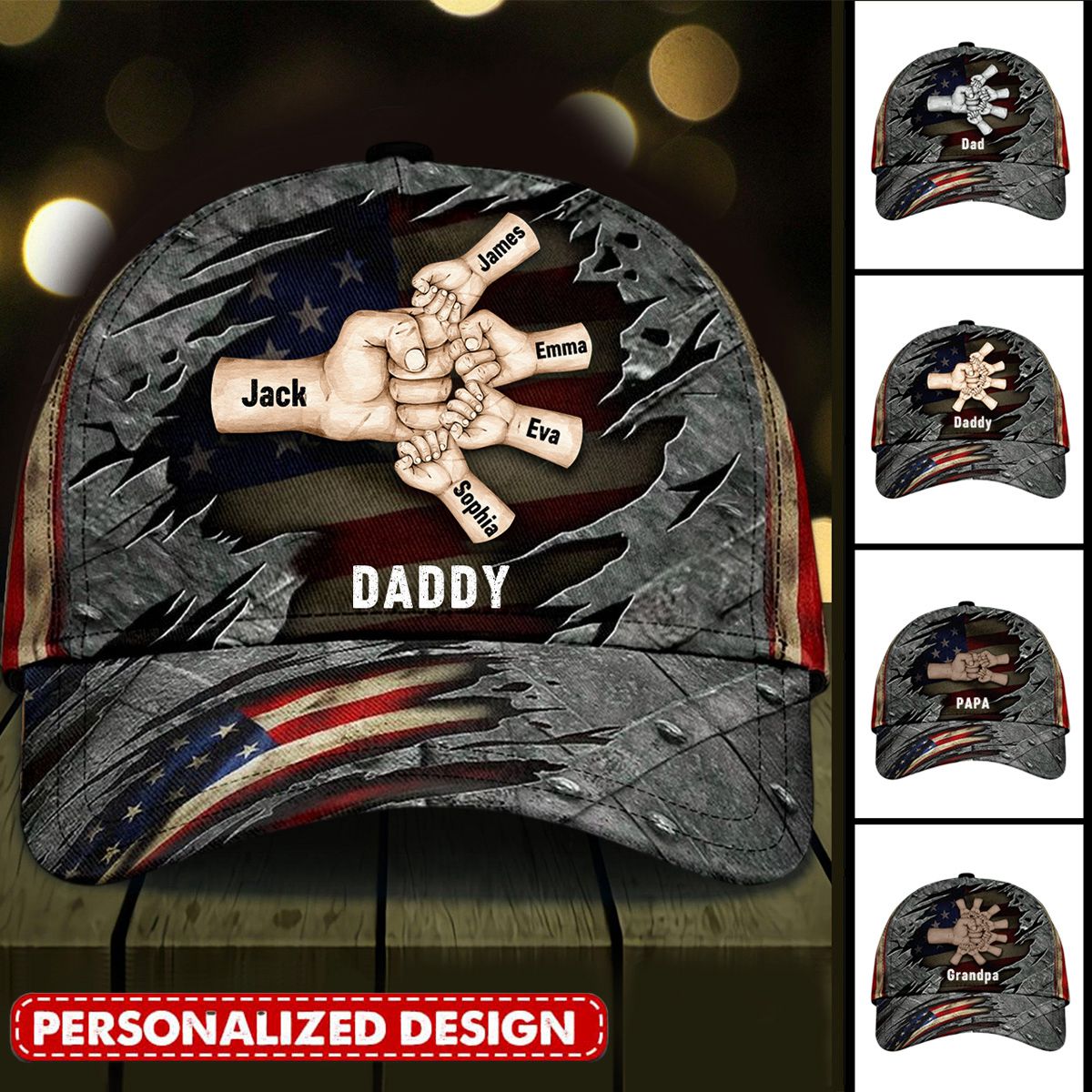 American Flag Grandpa Daddy Papa Hands To Hands Kids Personalized Cap