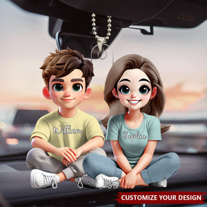 Couple Sitting Together And Smiling - Personalized Car Ornament