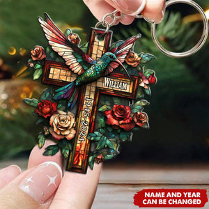 Roses And Hummingbird Stained Glass – Personalized Hummingbird Keychain