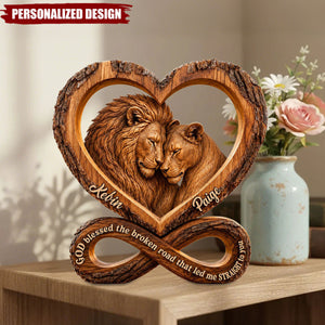 Personalized Lion Couple Heart Infinity Wooden Plaque - Faith Quote Couple Tabletop Decor