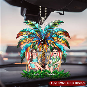 Under The Palm Tree Happy Couple - Personalized Couple Car Ornament