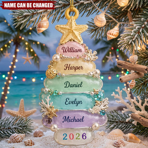 Custom Sea Glass Tree 2026 Ornament, Personalized Beach Family Christmas Decor, Ocean Lover Ornament