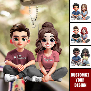 Couple Sitting Together And Smiling - Personalized Car Ornament