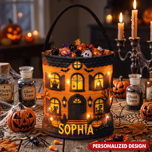 Personalized Haunted House Halloween Trick Or Treat Bucket - Custom Name Kids Halloween Candy Tote Bag