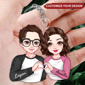 Cartoon Couple Heart Gesture - Personalized Acrylic Keychain, Anniversary Gift For Couple